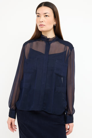 Carolina Herrera Navy Mesh Stand Collar Shirt