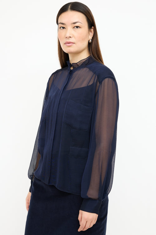 Carolina Herrera Navy Mesh Stand Collar Shirt