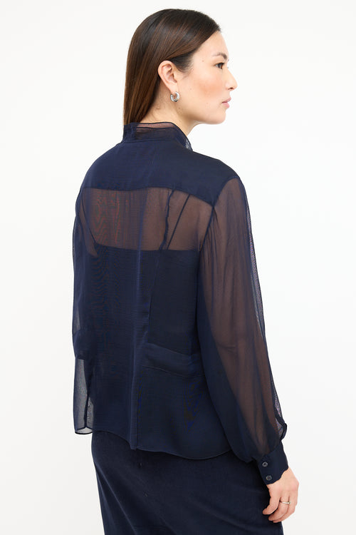 Carolina Herrera Navy Mesh Stand Collar Shirt