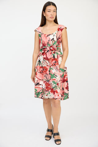 Carolina Herrera Pink 
Multicolour Floral Tiered Bow Dress