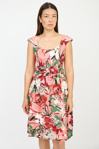 Carolina Herrera Pink 
Multicolour Floral Tiered Bow Dress