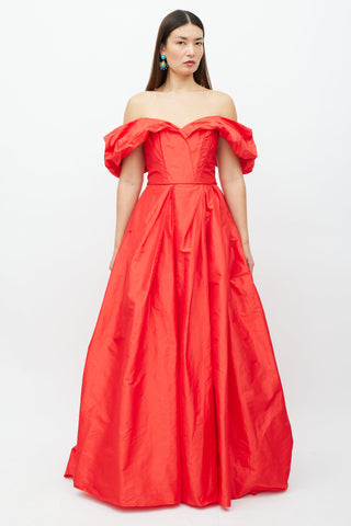 Carolina Herrera Red Silk Off The Shoulder Gown