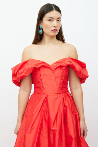 Carolina Herrera Red Silk Off The Shoulder Gown