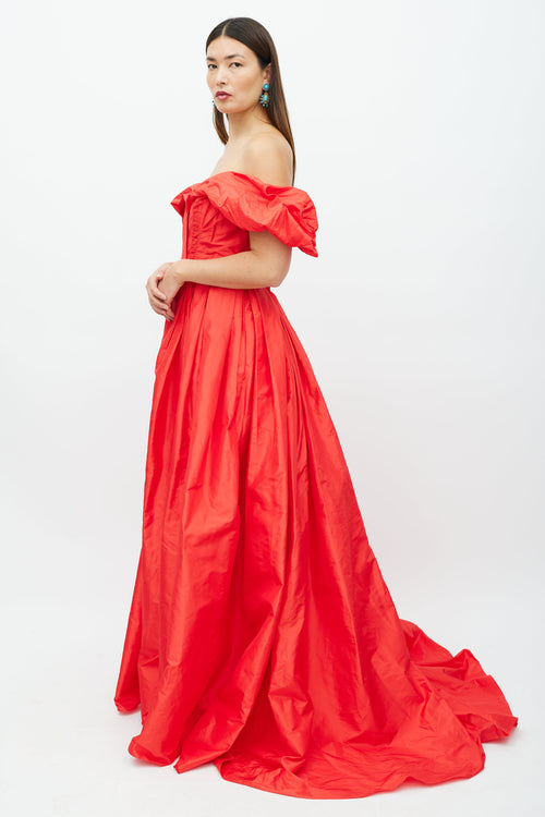 Carolina Herrera Red Silk Off The Shoulder Gown