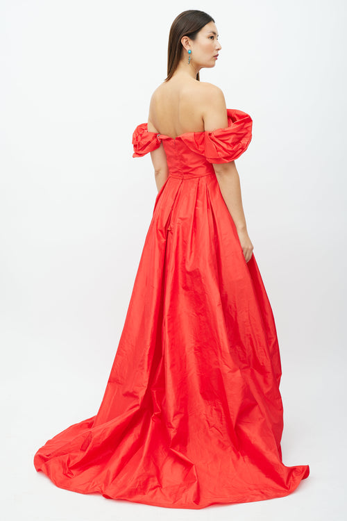 Carolina Herrera Red Silk Off The Shoulder Gown