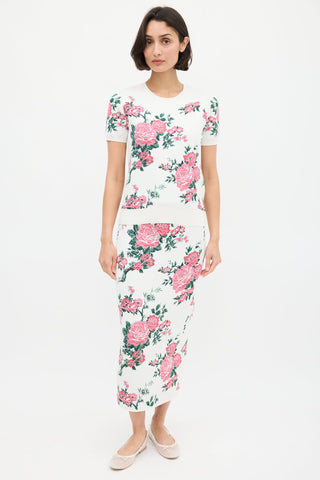 Carolina Herrera White 
Pink Silk Floral Skirt Set