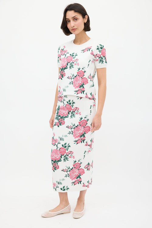 Carolina Herrera White 
Pink Silk Floral Skirt Set