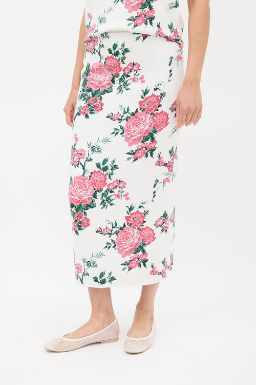 Carolina Herrera White 
Pink Silk Floral Skirt Set