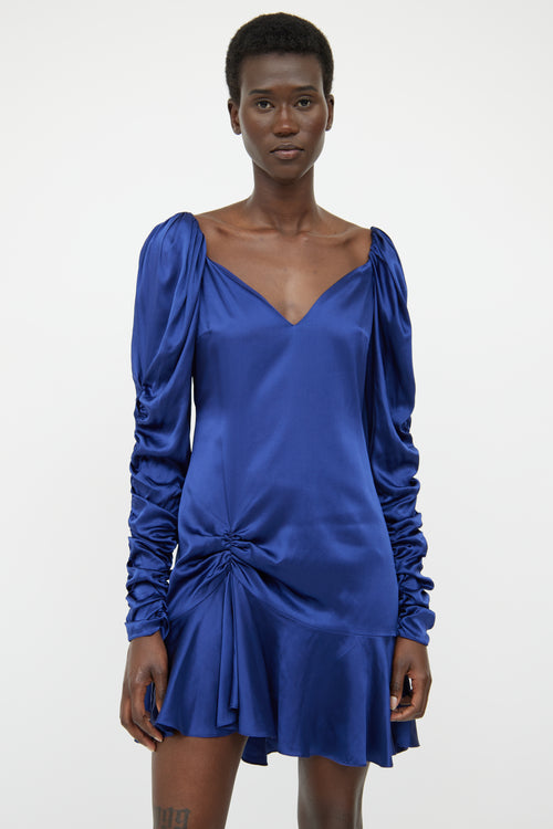 Caroline Constas Blue Silk Ruched Dress