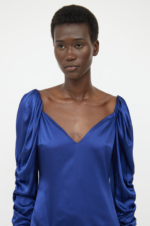 Caroline Constas Blue Silk Ruched Dress