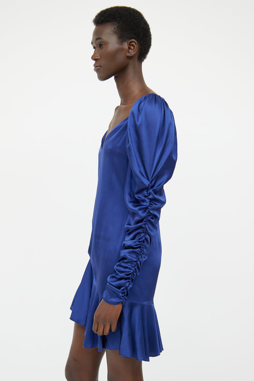 Caroline Constas Blue Silk Ruched Dress