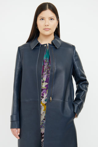 Caroline Issa Navy Long Leather Coat