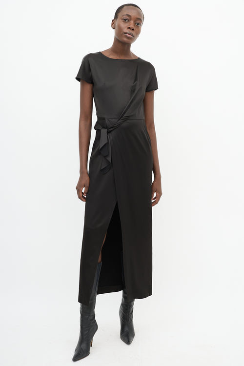 Carven Black Satin Twisted Tie Midi Faux Wrap Dress