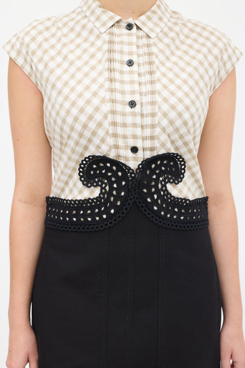 Carven White 
Black Gingham Eyelet Dress