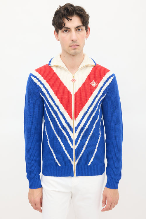 Casablanca Blue 
Multicolour Wool Knit Chevron Zip Sweater