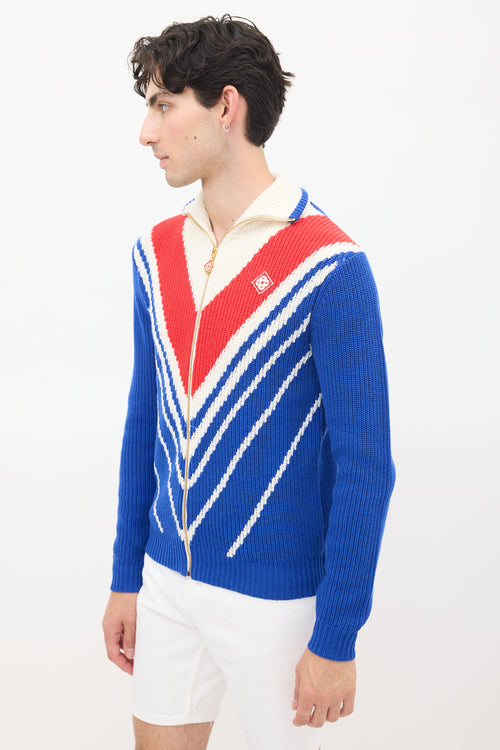 Casablanca Blue 
Multicolour Wool Knit Chevron Zip Sweater