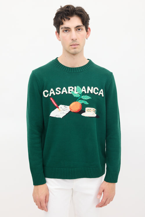 Casablanca Green 
Multicolour Cotton Knit Graphic Intarsia Sweater