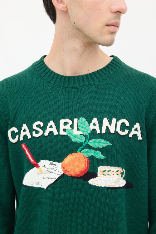 Casablanca Green 
Multicolour Cotton Knit Graphic Intarsia Sweater