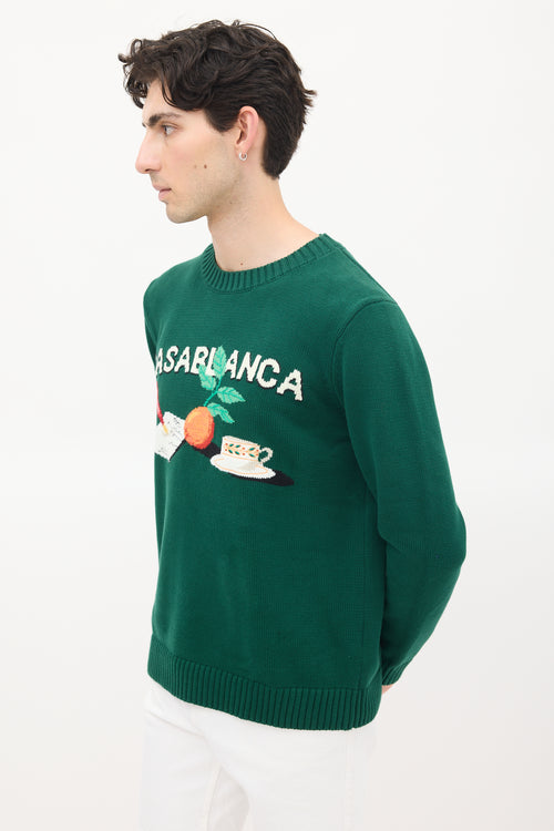 Casablanca Green 
Multicolour Cotton Knit Graphic Intarsia Sweater