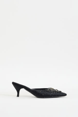 Casadei Black Satin Embellished Pointed Toe Mule