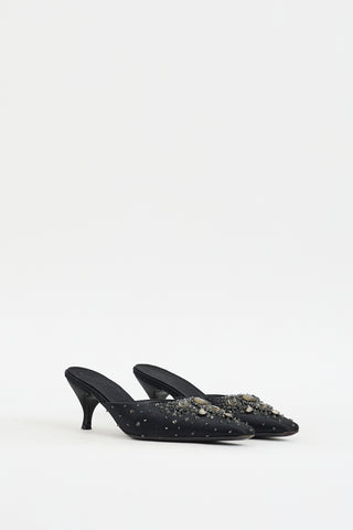 Casadei Black Satin Embellished Pointed Toe Mule