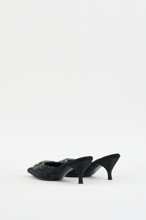 Casadei Black Satin Embellished Pointed Toe Mule