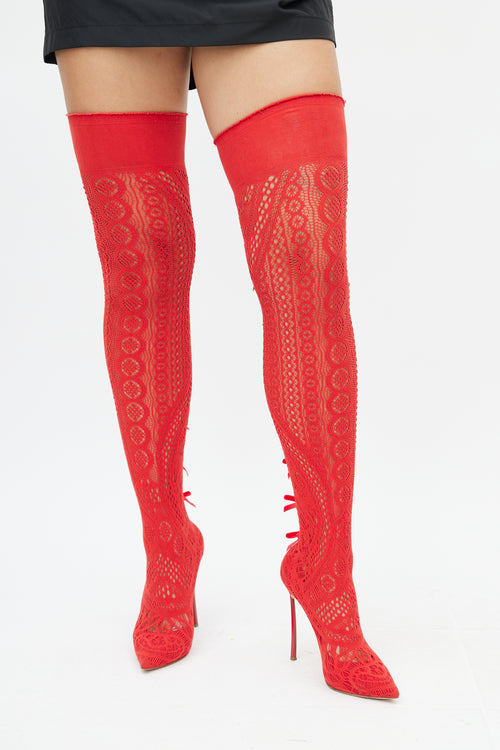 Casadei Red Stretch Knit Thigh High Boots