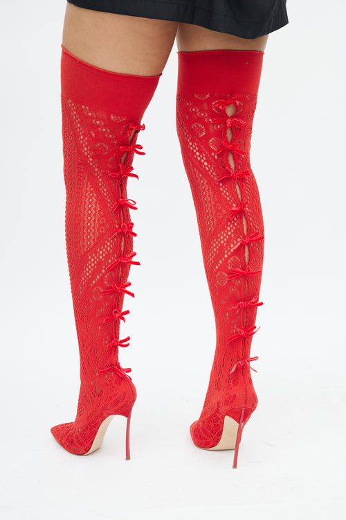 Casadei Red Stretch Knit Thigh High Boots