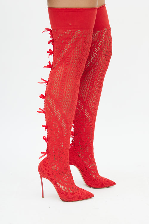 Casadei Red Stretch Knit Thigh High Boots