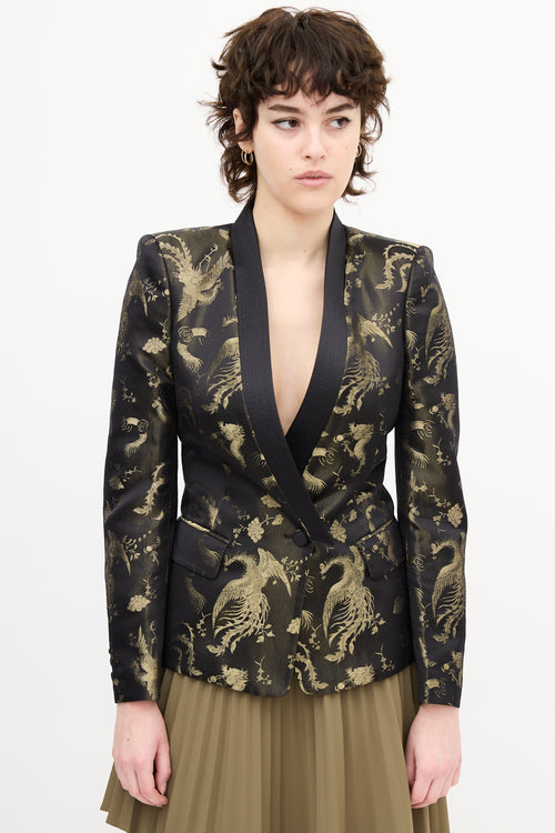 Roberto Cavalli Black 
Gold Silk Printed Jacquard Blazer