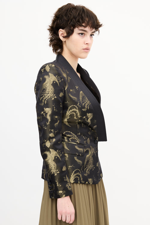 Roberto Cavalli Black 
Gold Silk Printed Jacquard Blazer