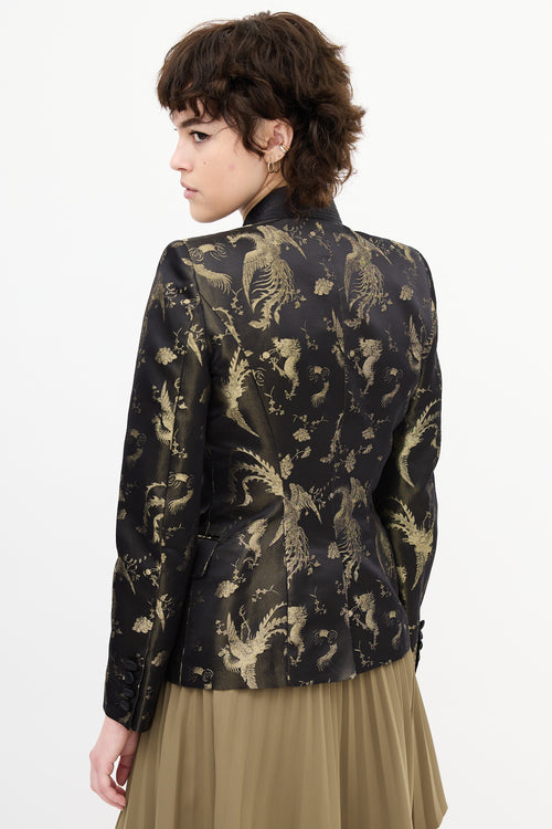 Roberto Cavalli Black 
Gold Silk Printed Jacquard Blazer