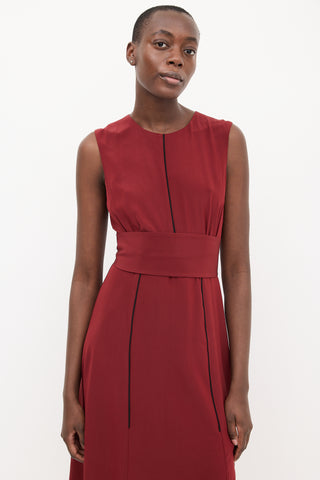 Cefinn Burgundy Silk Belted Sleeveless Midi Dress