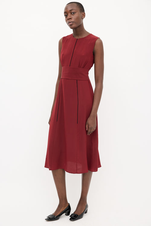 Cefinn Burgundy Silk Belted Sleeveless Midi Dress