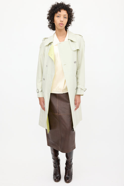 Celine 2000s Mint Green Silk Double Breasted Trench Coat