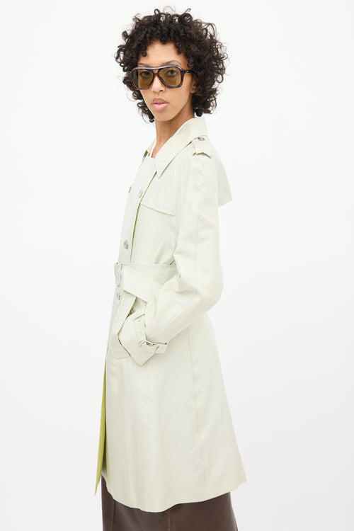 Celine 2000s Mint Green Silk Double Breasted Trench Coat