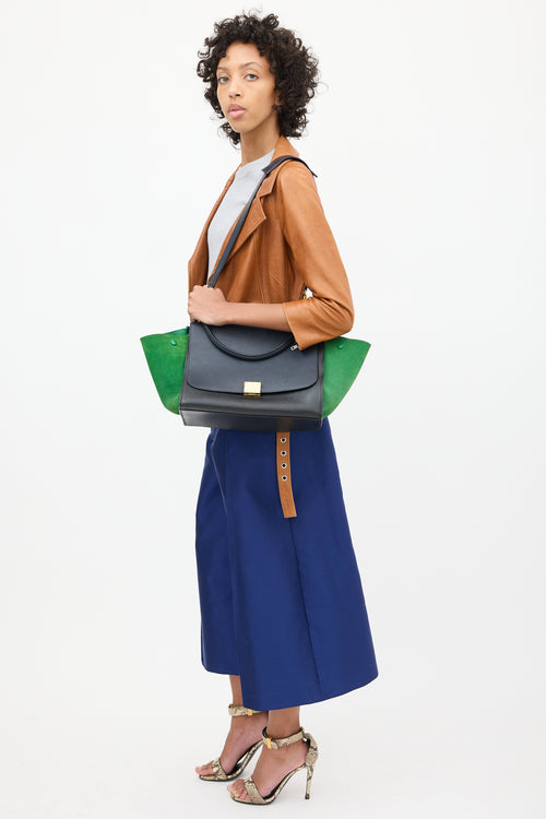 Celine 2014 Navy 
Green Leather 
Suede Trapeze Bag