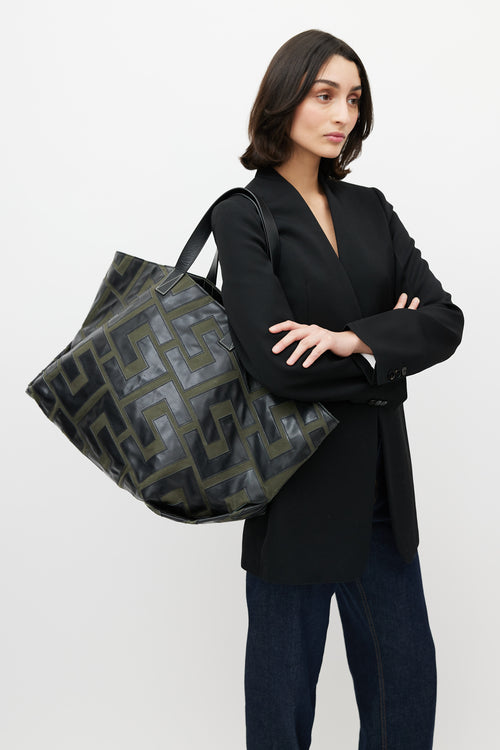 Celine 2021 Green 
Black Logo Patchwork Medium Tote Bag