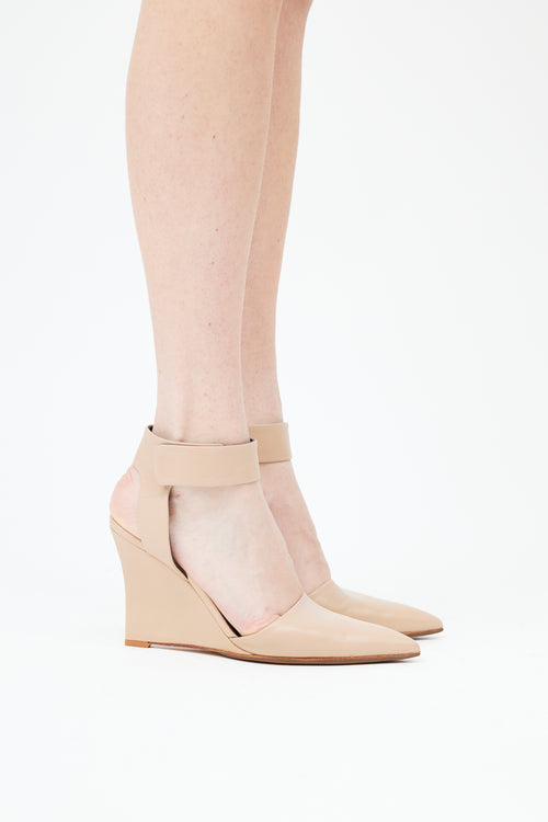  Beige Leather Ankle Strap Wedge Heel