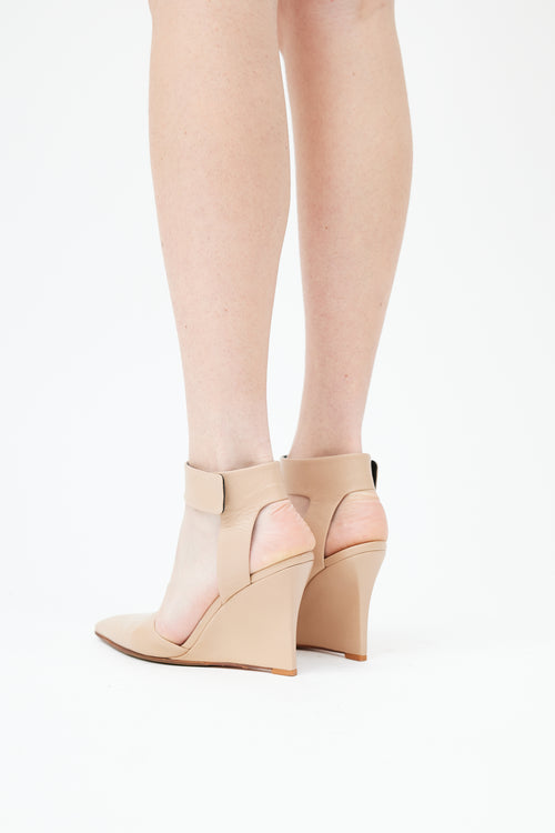  Beige Leather Ankle Strap Wedge Heel