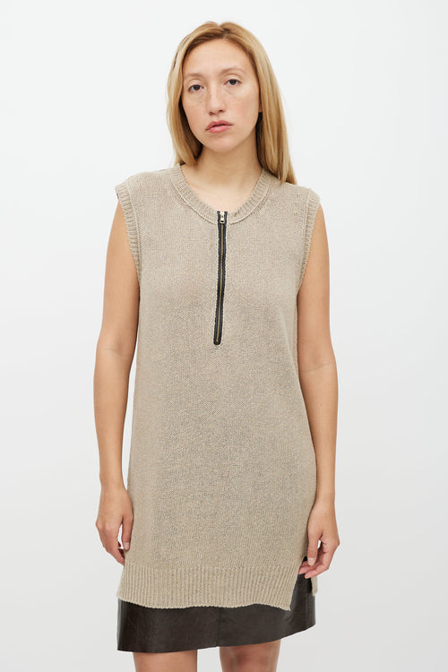 Celine Beige Linen Knit Zip Vest