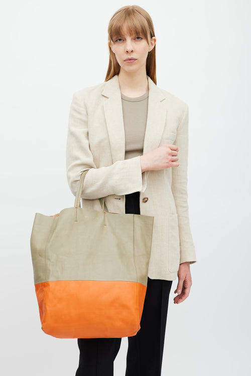 Celine Beige 
Orange Cabas Leather Tote