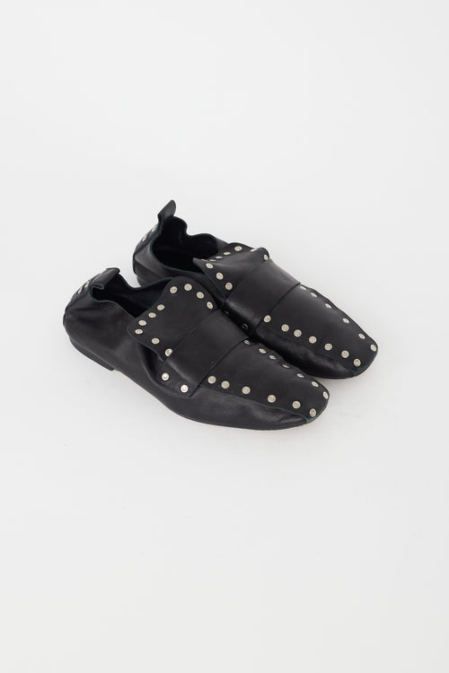 Celine Black Leather Silver Studded Flat Loafer