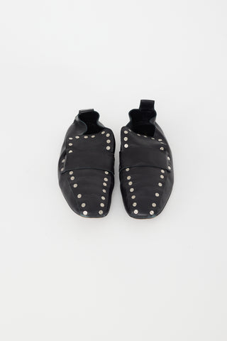 Celine Black Leather Silver Studded Flat Loafer