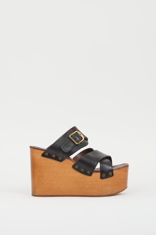 Celine Black Leather 
Brown Wooden Platform Wedge