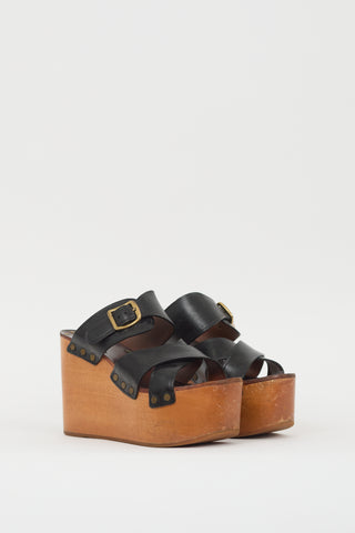 Celine Black Leather 
Brown Wooden Platform Wedge