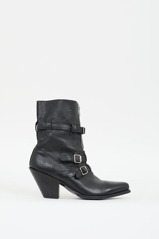 Celine Black Leather Buckled Zip Boot