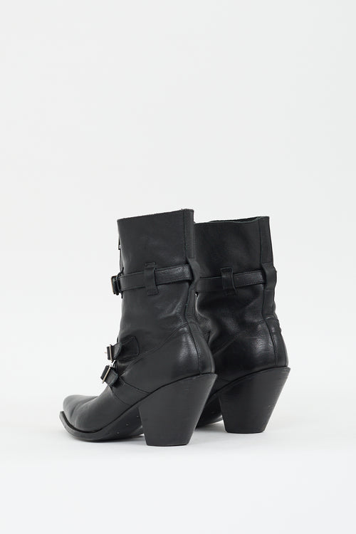 Celine Black Leather Buckled Zip Boot