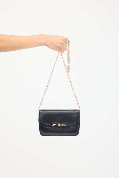 Celine Vintage Black 
Gold Triomphe Chain Crossbody Bag