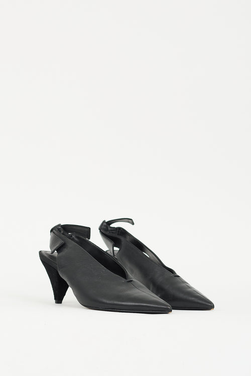 Celine Black Leather Paris V-Neck Slingback Heel